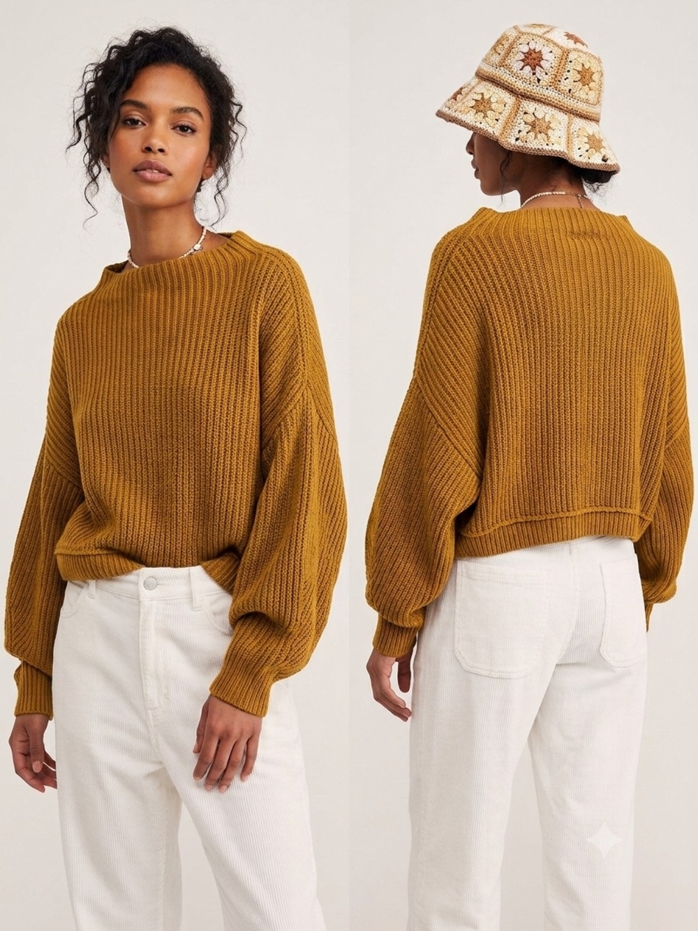 Free People Emmy Mock Neck Ribbed Knit Dolman Sleeve Sweater Mustard Brown XL